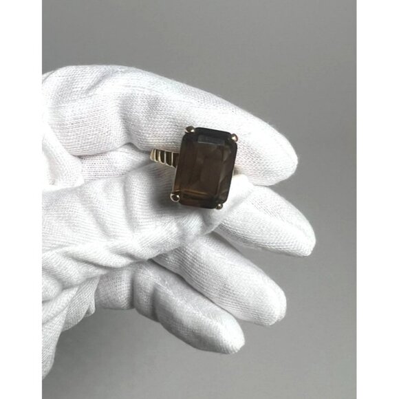SETA Vintage 14K Gold-Plated Smoky Quartz Emerald-Cut Statement Ring Sz 8 - Picture 6 of 10